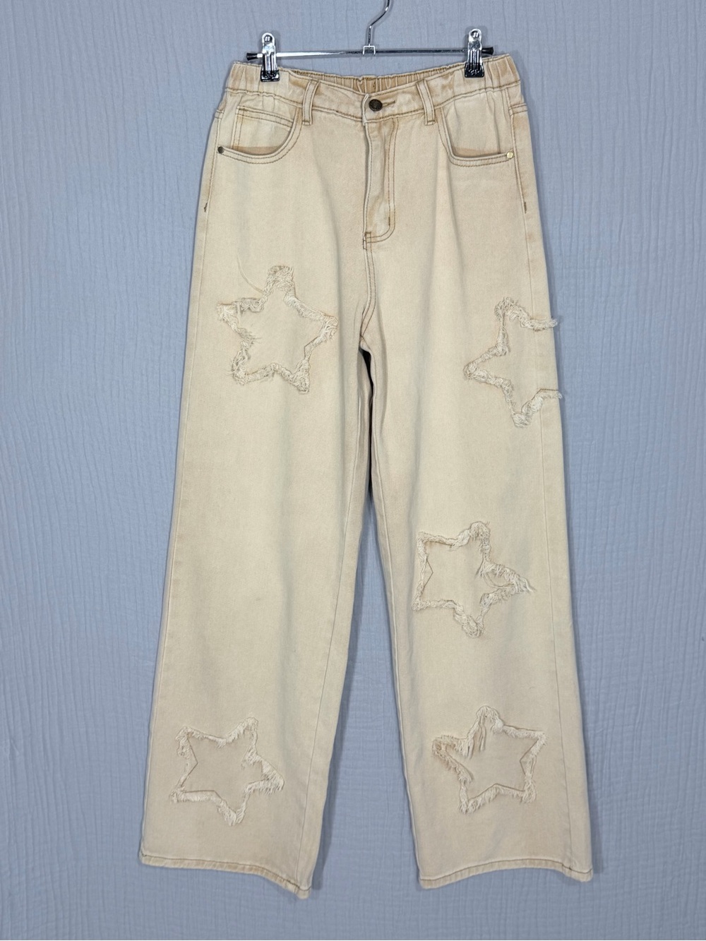 NWT Boutique Star Patch Wide Leg Jeans Cream Beige Size M